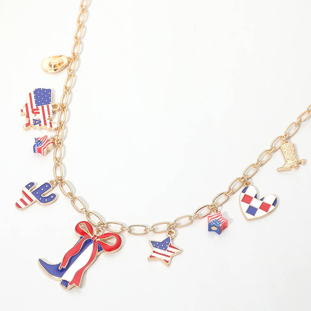 J1. American USA Flag Western Boot Cactus Map Heart Star Charm Station Necklace