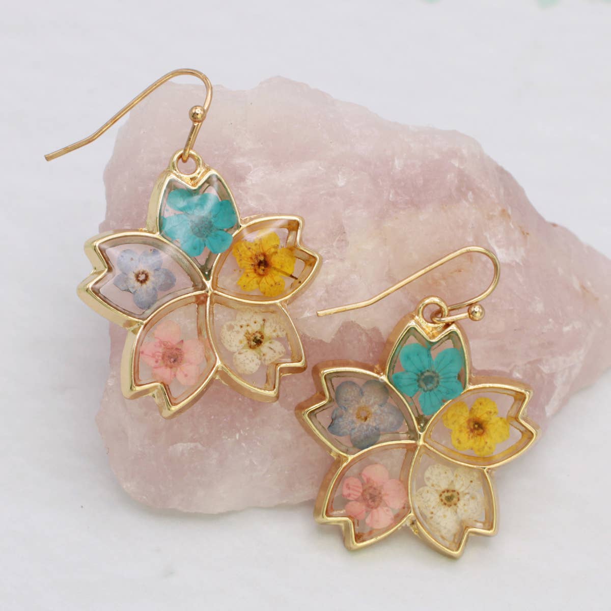 Multi Dried Flower Petals Gold Earrings