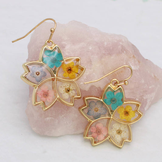Multi Dried Flower Petals Gold Earrings