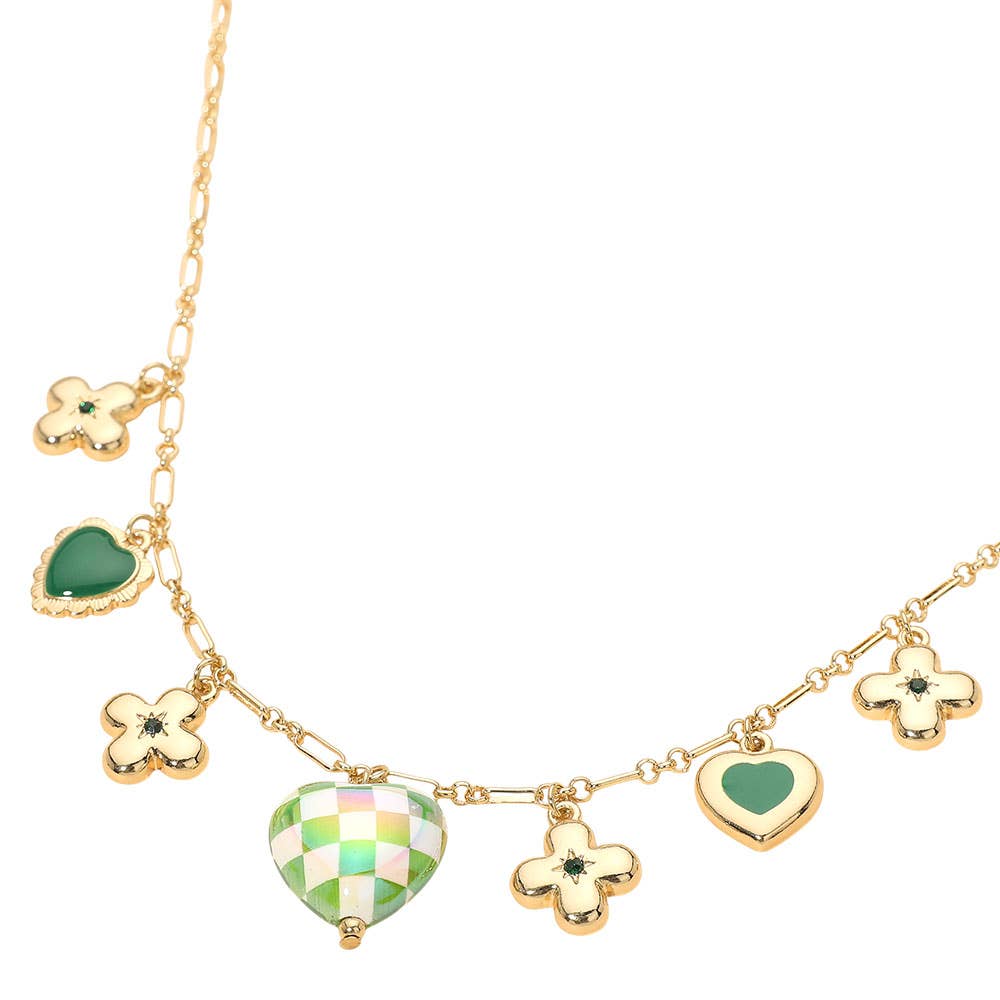 Heart Flower Motif Charm Station Necklace