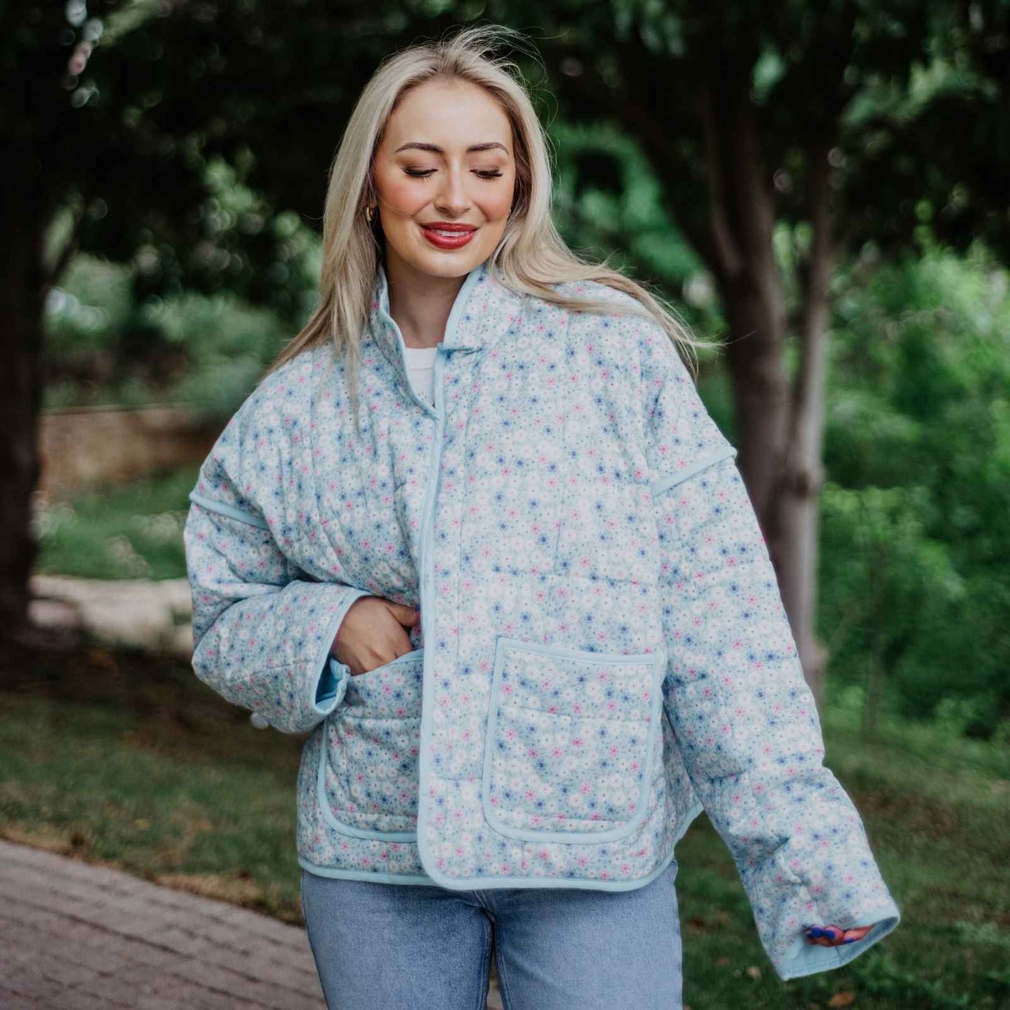 Light Blue Dainty Floral Lightweight Quilted Jacket