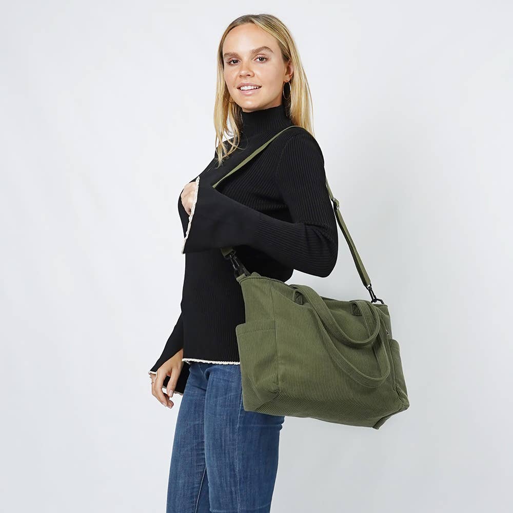 Multi Pocket Corduroy Tote Bag: Black