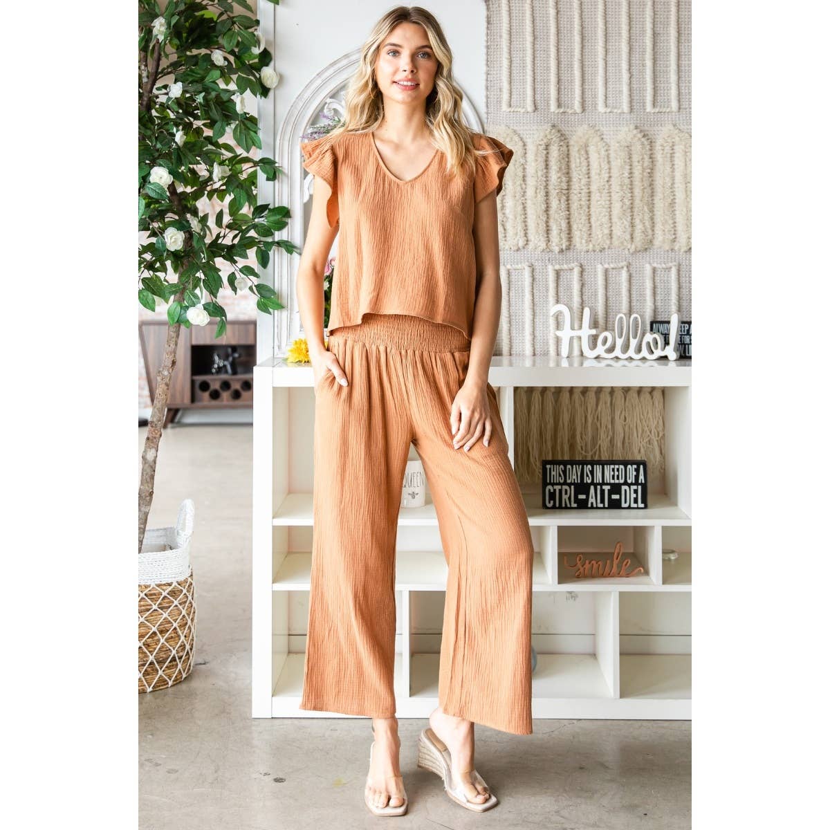 Ruffle Sleeve Linen feel Top and Pants Set