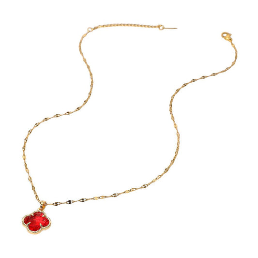 Stainless Steel Quatrefoil Stone Pendant Necklace: Red
