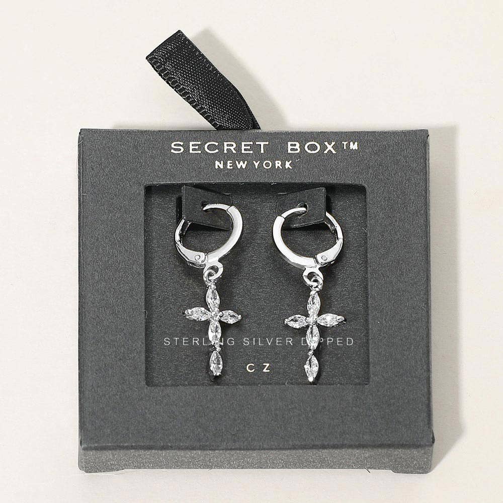 J6. SECRET BOX_14K Gold Dipped Marquise CZ Cross Charm Drop Huggie Hoop Earrings