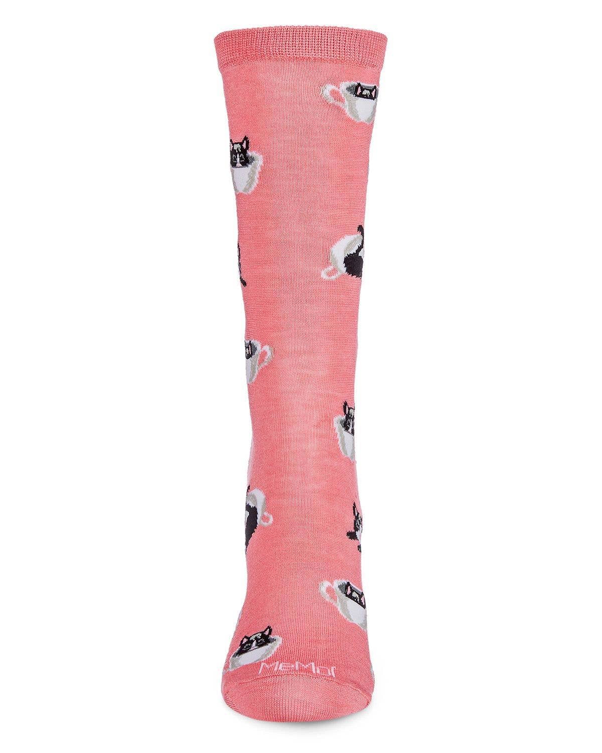 MeMoi Cup o' Cats Bamboo Blend Crew Socks: Pink / 9-11