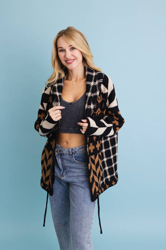 Sierra Spirit Geometric Street Style Knit Cardigan: Black