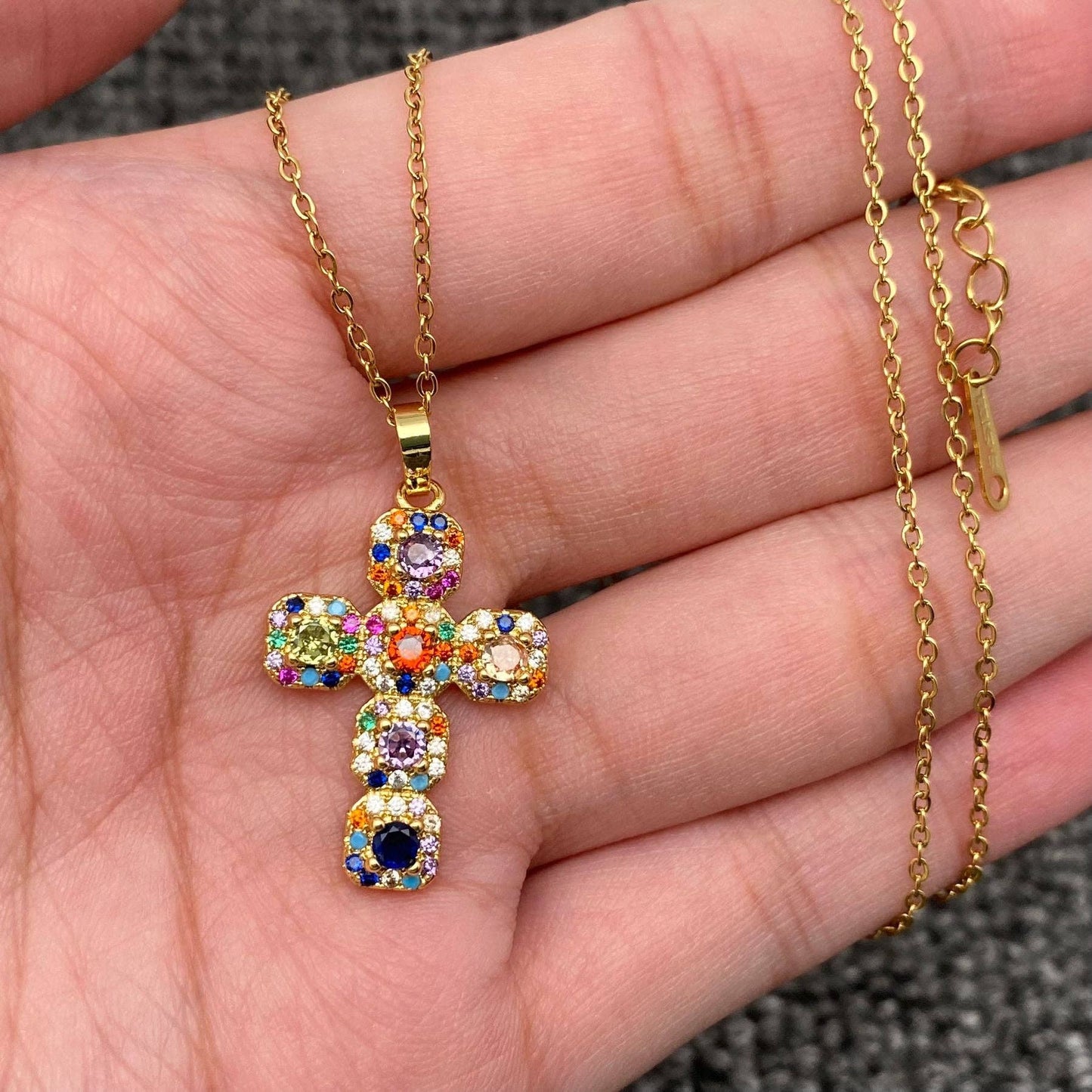 Multi Style Rhinestone & CZ Cross Charm Golden Necklace