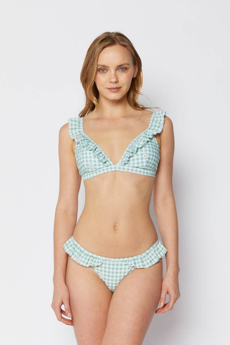 Ruffled bikini 2pcs Set - Gingham Daisy Lime