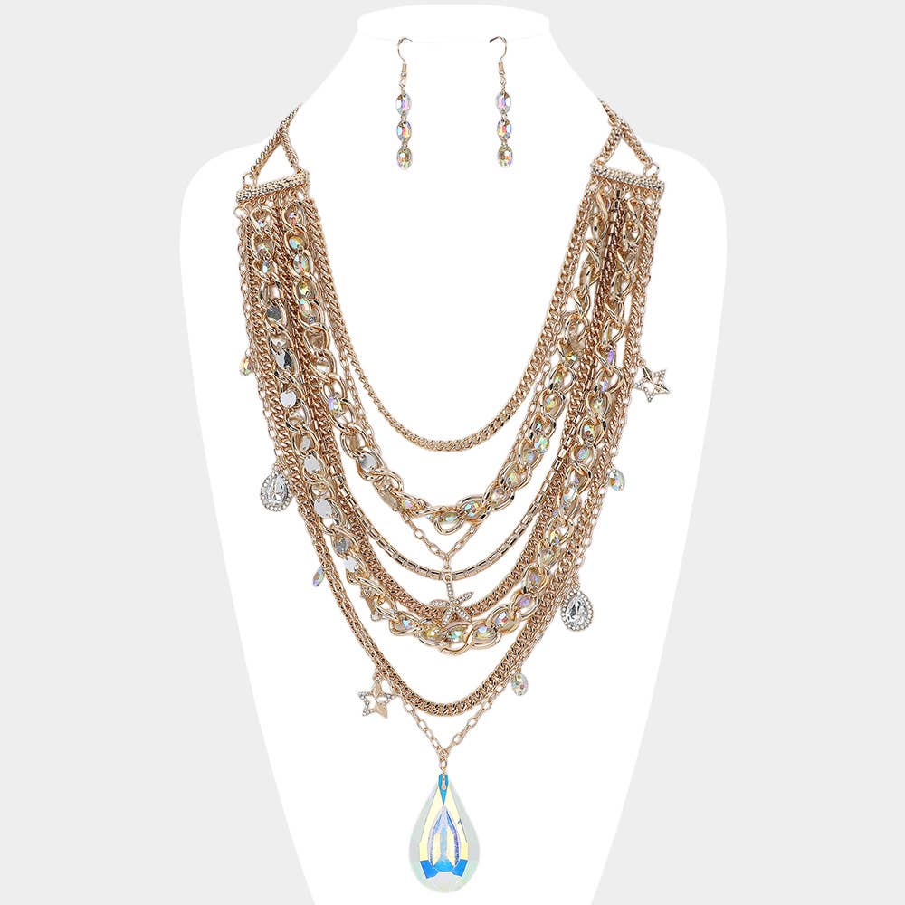 Teardrop Stone Pendant Charm Embellish Statement Necklace: Gold