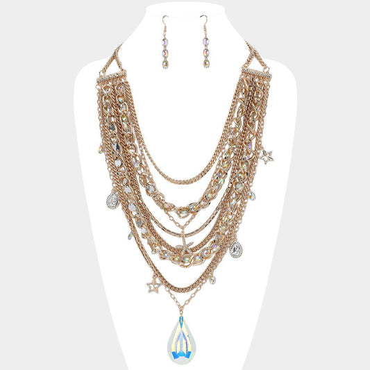 Teardrop Stone Pendant Charm Embellish Statement Necklace: Gold