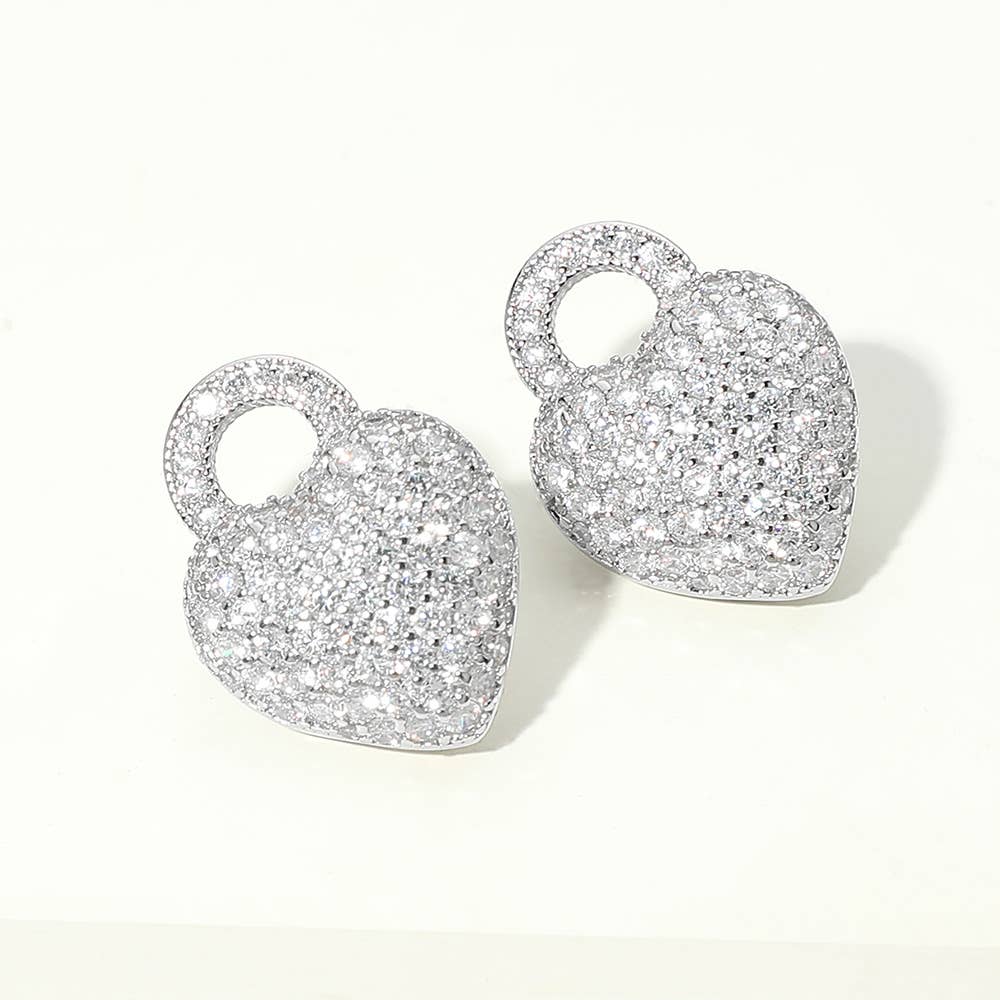 J30. 14K Gold Plated CZ Pave Heart Padlock Stud Earrings