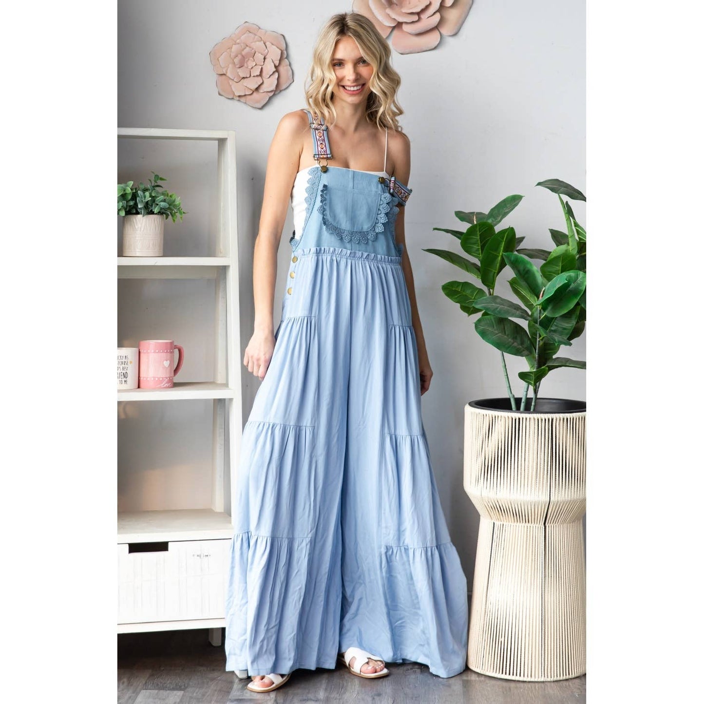 Embroidered Strap Flowy Jumpsuit: Black / L