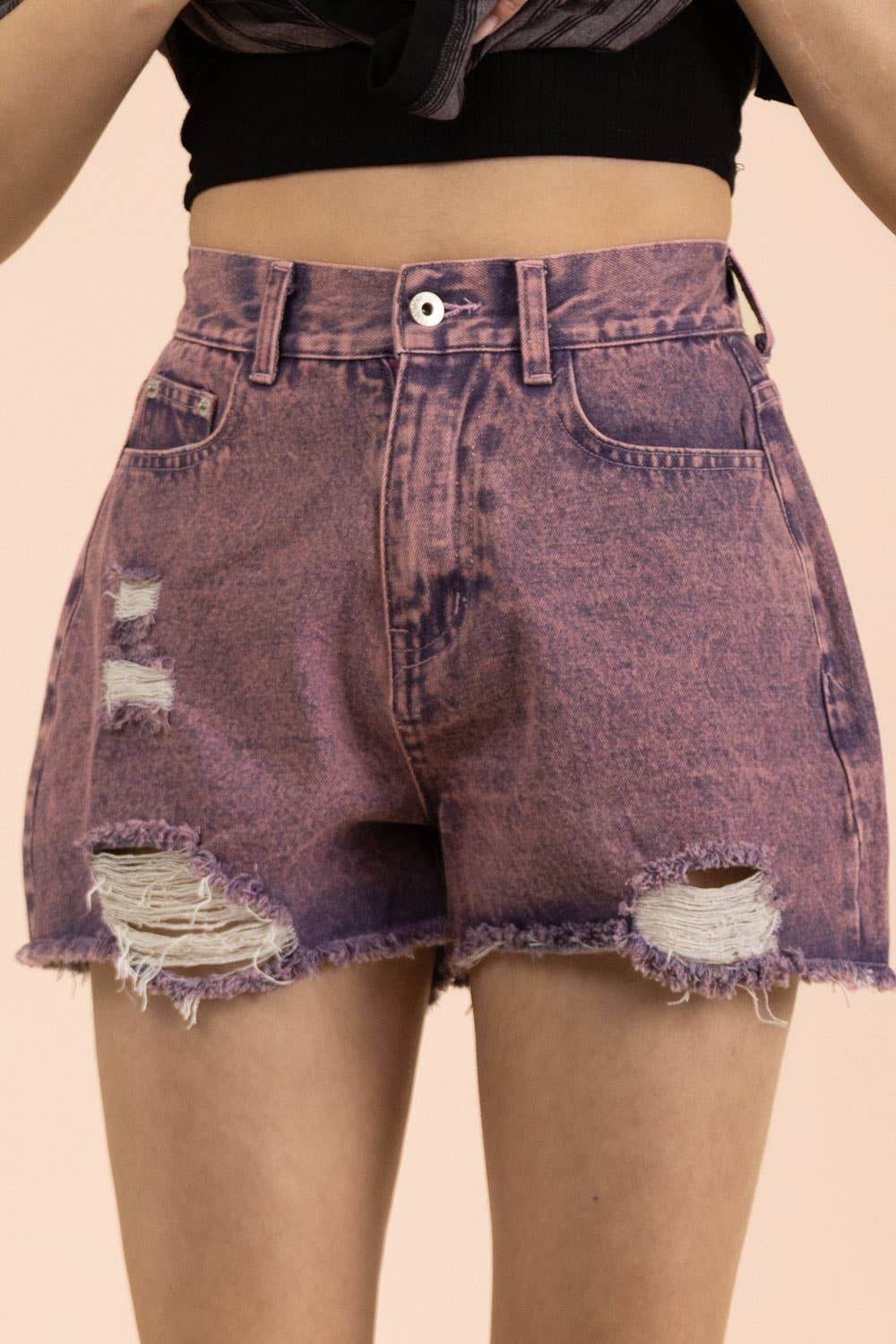 VJP90066-VERY JEAN Mineral Washed Denim Distressed Shorts
