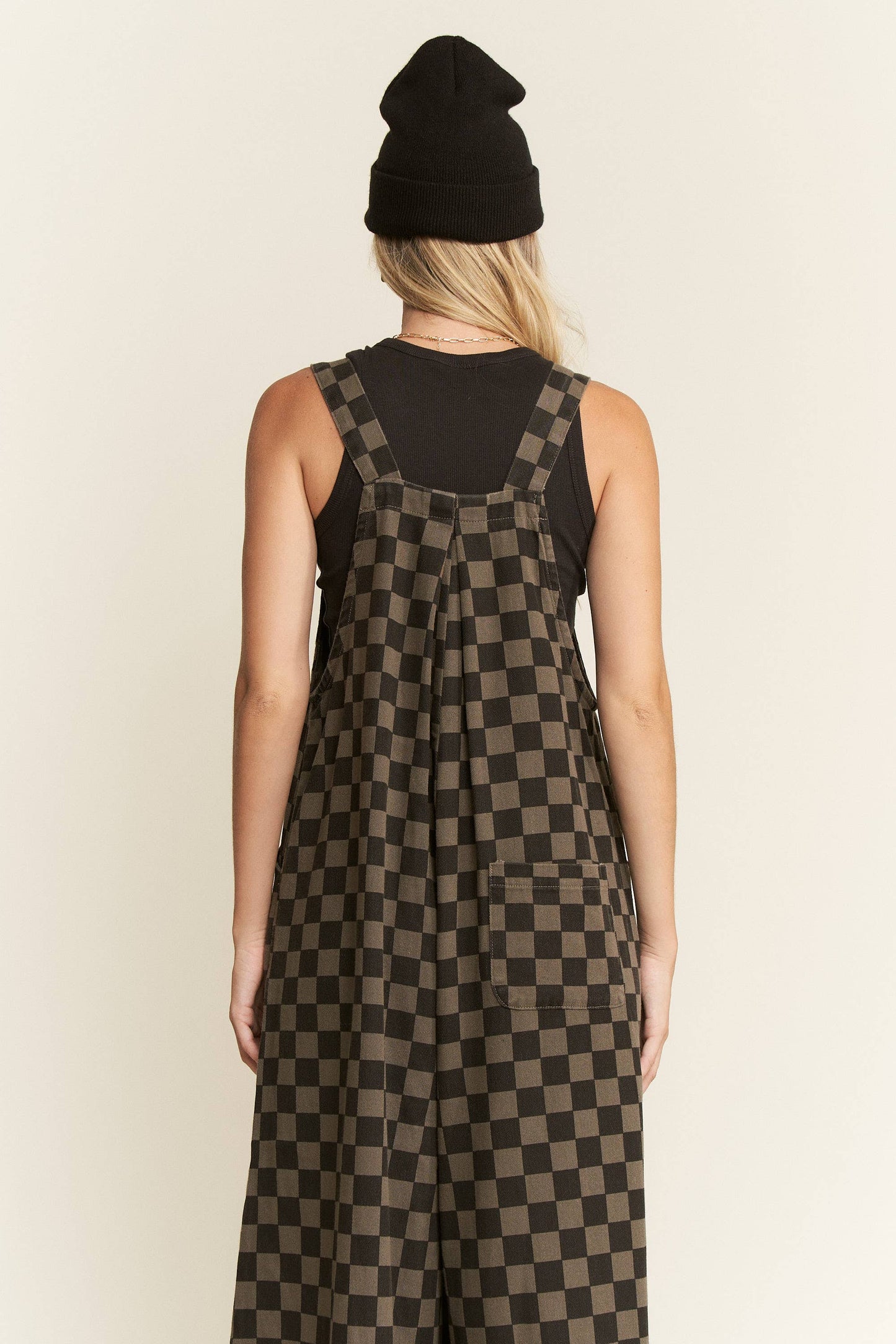 CHECKERED WIDE LEG OVERALLS