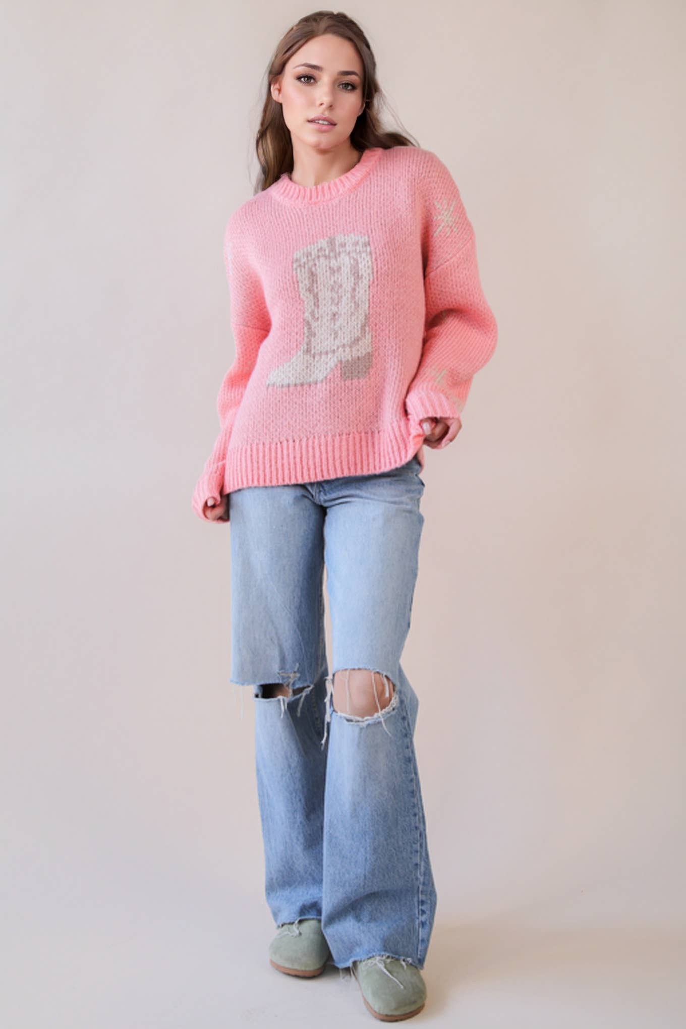 12W3402N-Cowboy Boots Graphic Print Knit Sweater