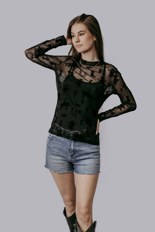 MK717 Lets Rodeo Velvet Mesh Top