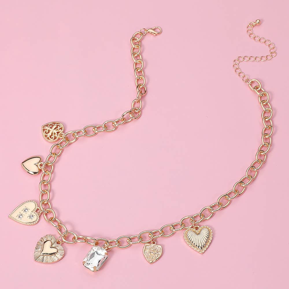 Metal Heart Cross Stone Charm Station Necklace