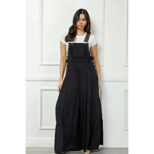 Embroidered Strap Flowy Jumpsuit: Black / L