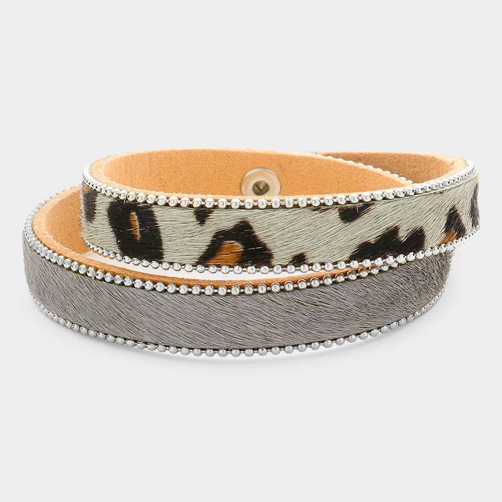 Animal Patterned Calf Magnetic Wrap Bracelet: Gray