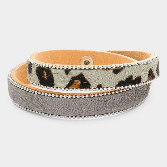 Animal Patterned Calf Magnetic Wrap Bracelet: Gray
