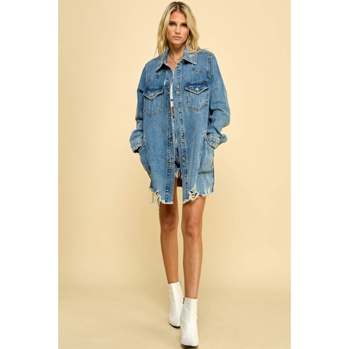 Medium Washed Denim Western Shirts Jacket: Medium Wash / S