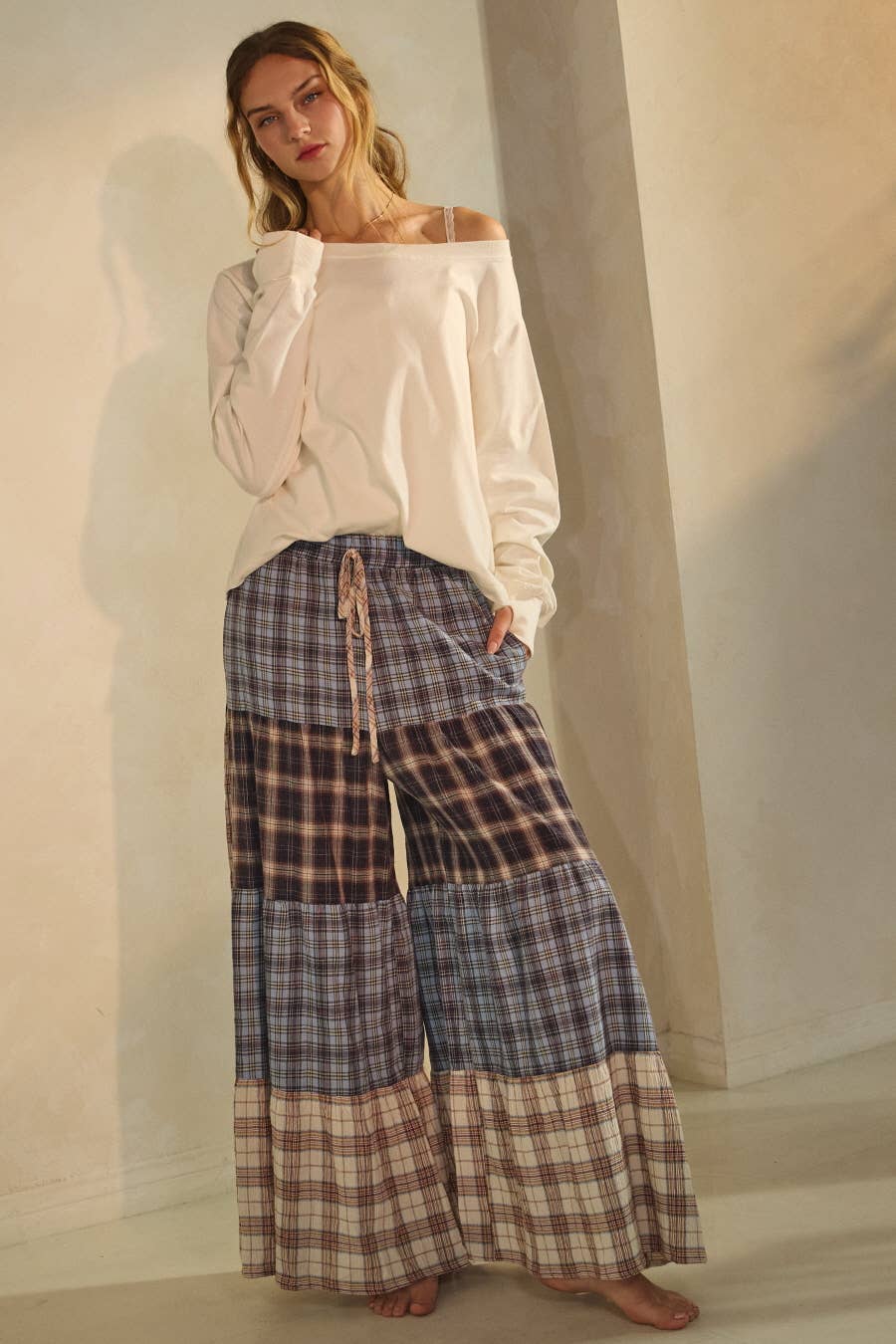 Relaxed Patchwork Pants: Taupe Combo / L