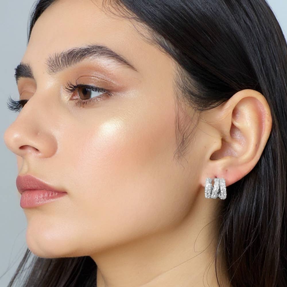 14K Gold Dipped CZ Stone Paved Triple Row Half Hoop Small Earrings