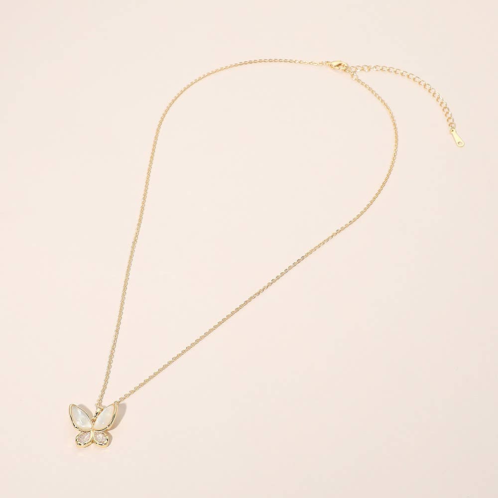 J13. Mother of Pearl CZ Butterfly Pendant Necklace