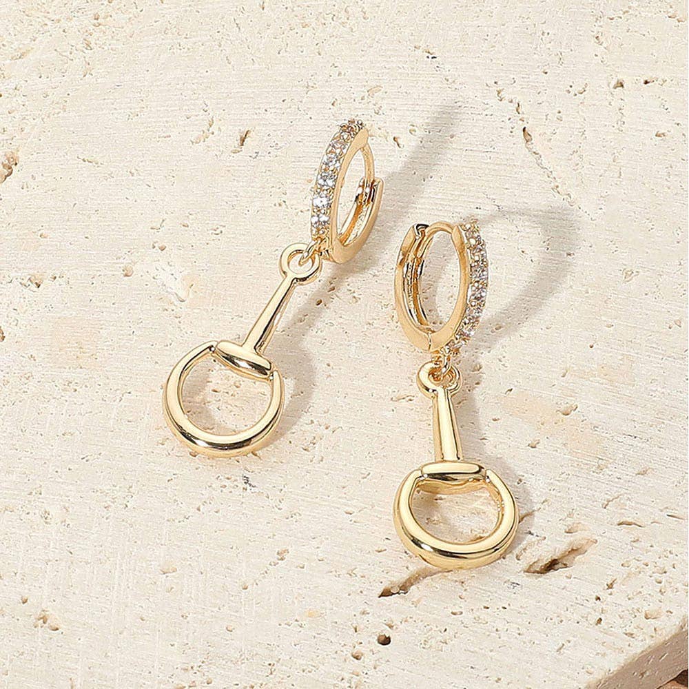 Stone Paved Huggie Hoop Accent Horsebit Drop Earrings