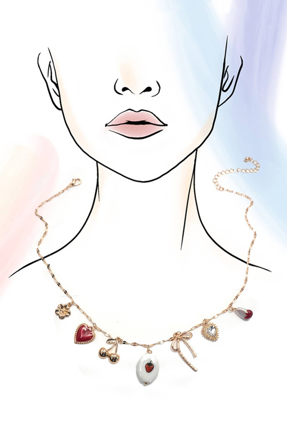 CHARM NECKLACE-PORCELAIN STRAWBERRY CHERRY BOW | 80N92144: GOLD