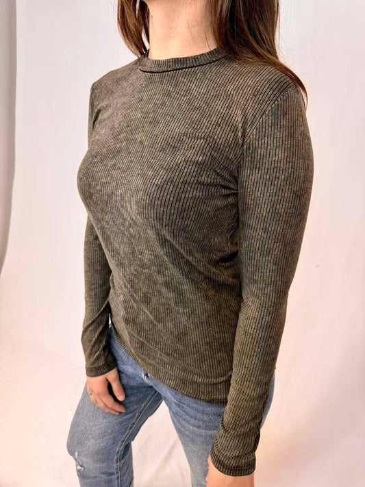 MK412 Acid Washed Ribbed LS Mock neck Top - Charcoal