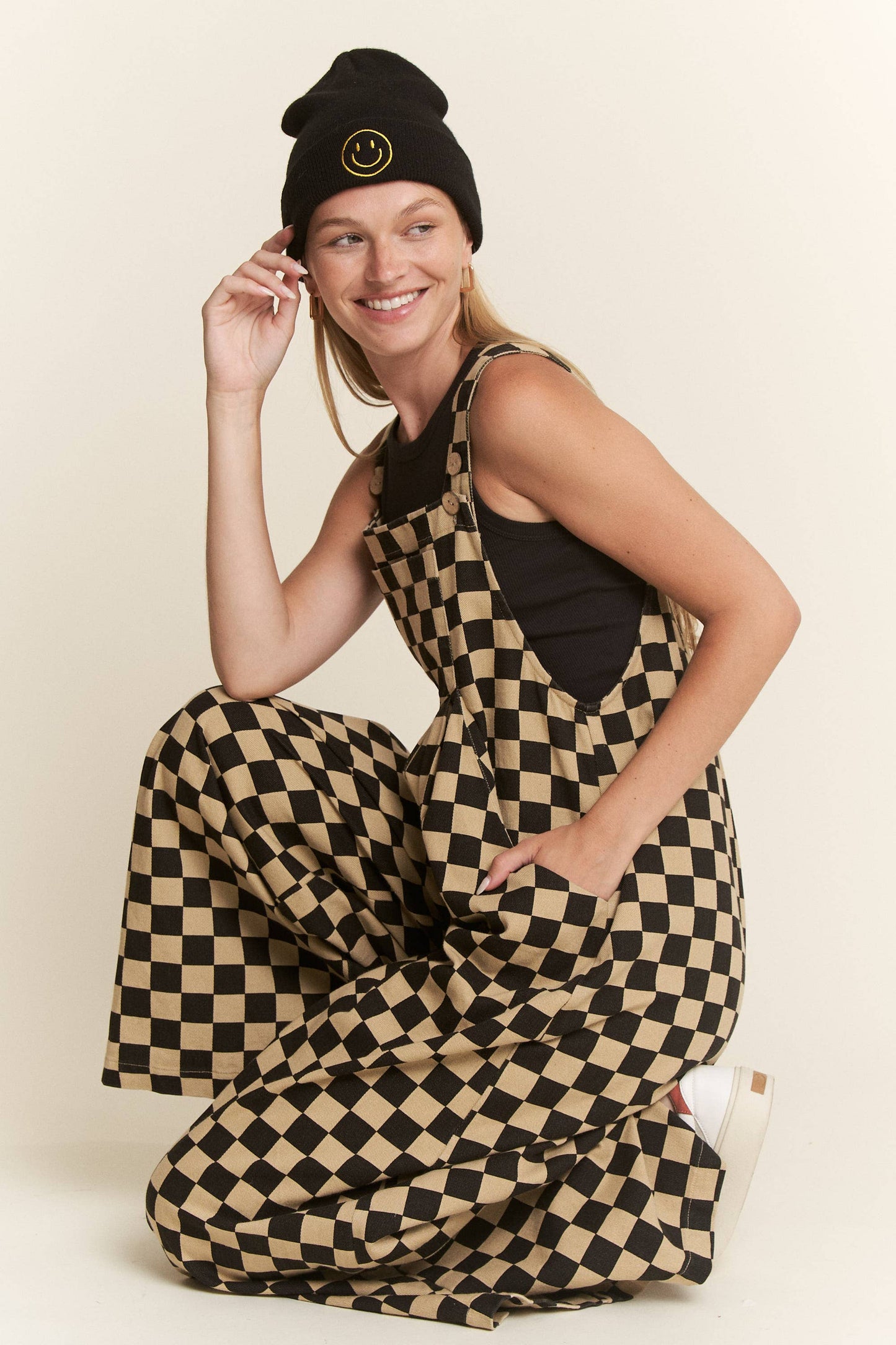 CHECKERED WIDE LEG OVERALLS