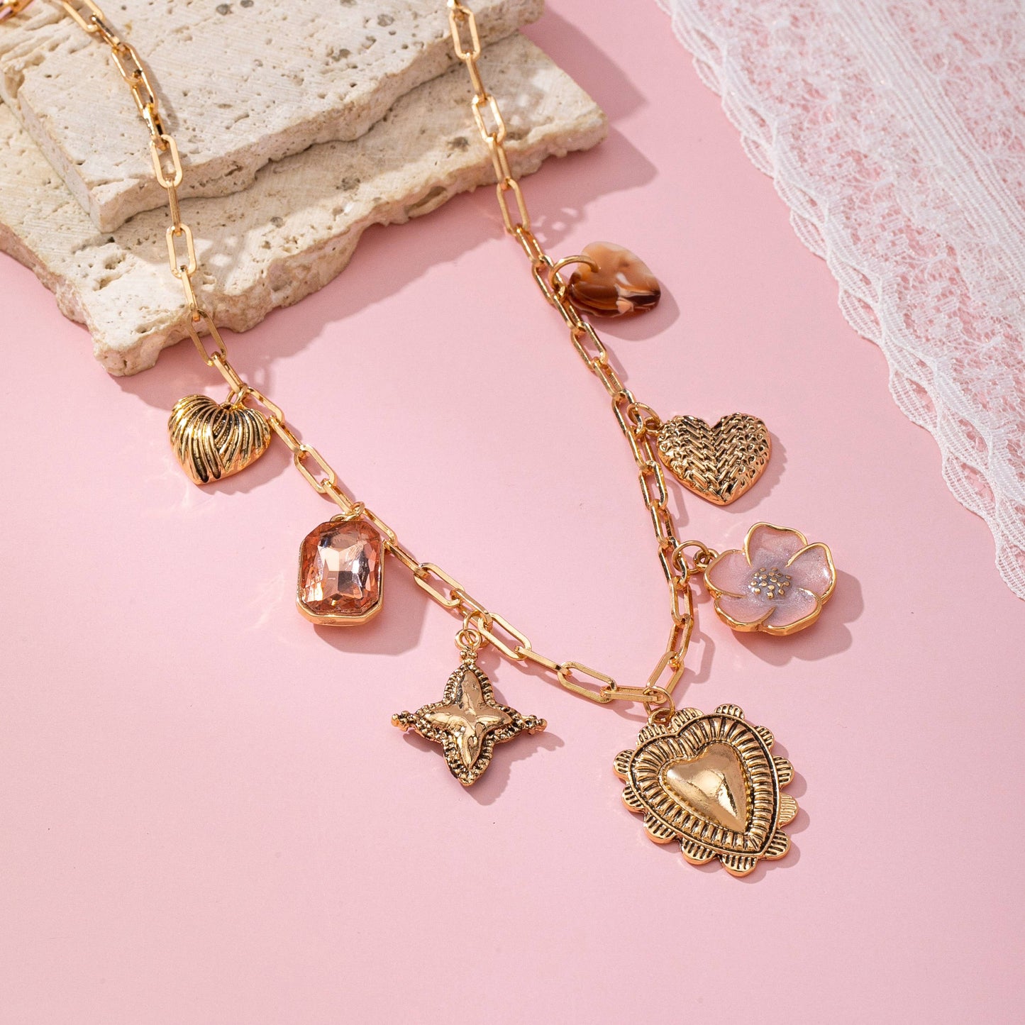 CHARM NECKLACE-HEART FLOWER RHINESTONE CLOVER | 80N92697
