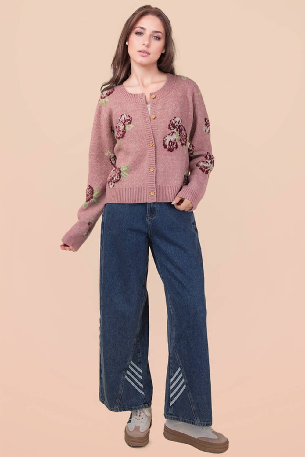 12W3475N-Print & Solid Soft Knit Sweater Cardigan