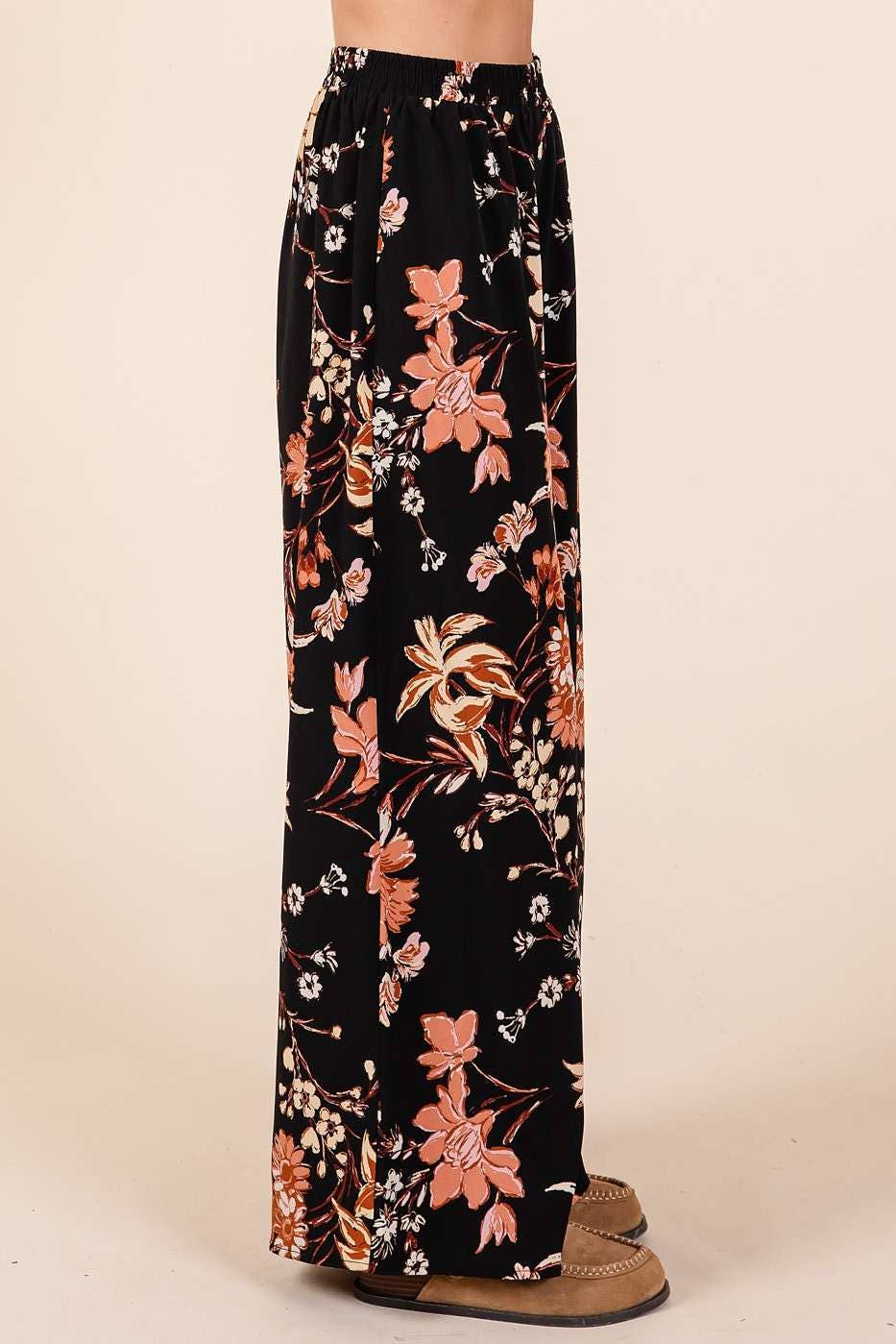 FLOWER PRINT ELASTIC WAIST MID RISE WIDE LEG PANTS
