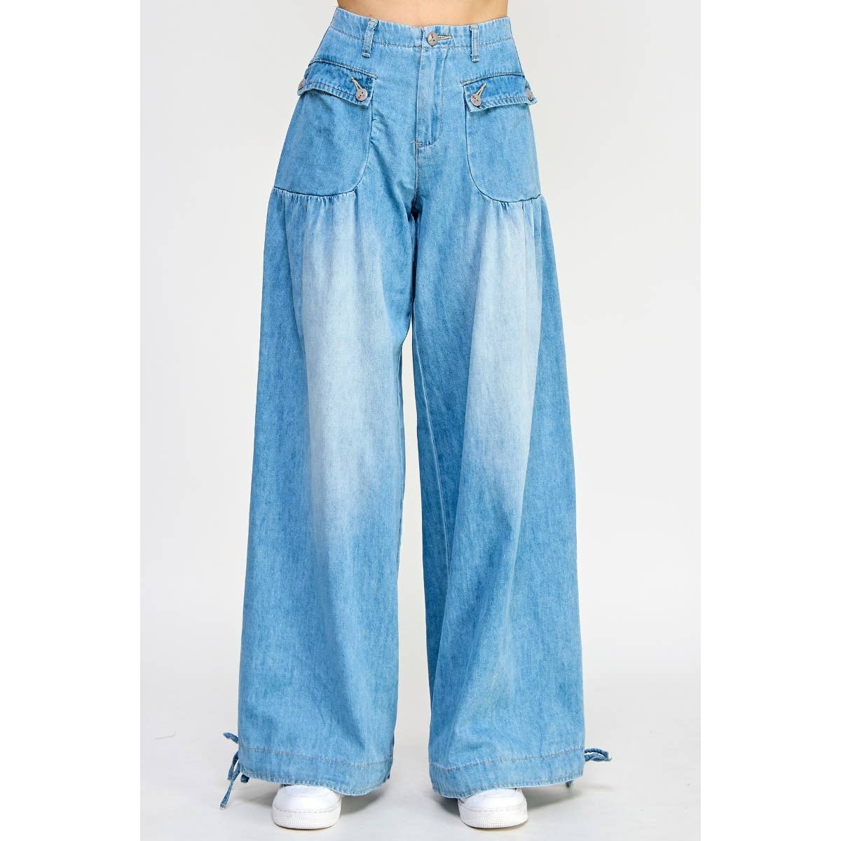 Ankle Drawstring Wide Denim Pants: Dark Wash / M