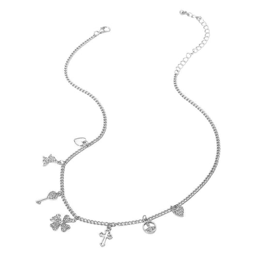 Gold Dipped Clover Heart Cross Key Charm Station Necklace: Clear,Rhodium