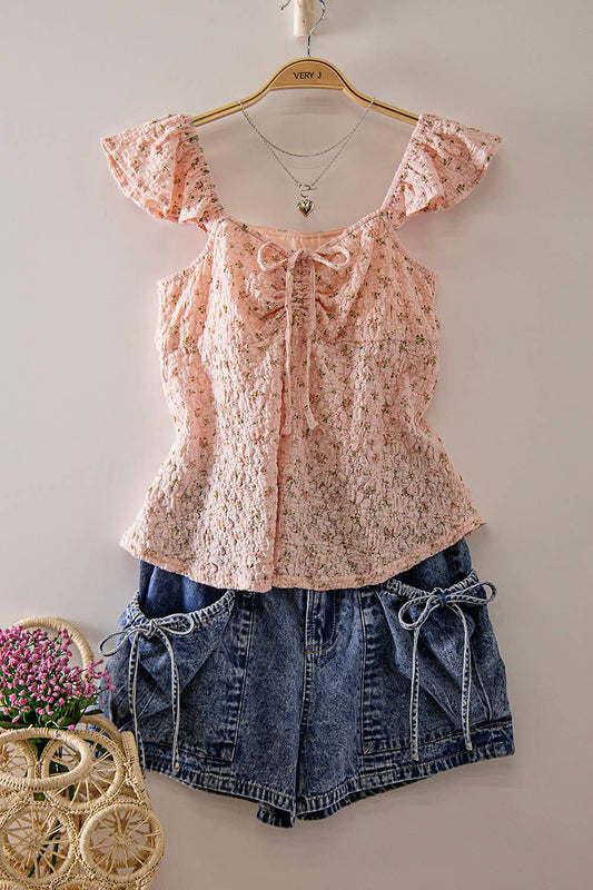 NT12515-Romantic Floral Ruffle Sleeve Babydoll Top