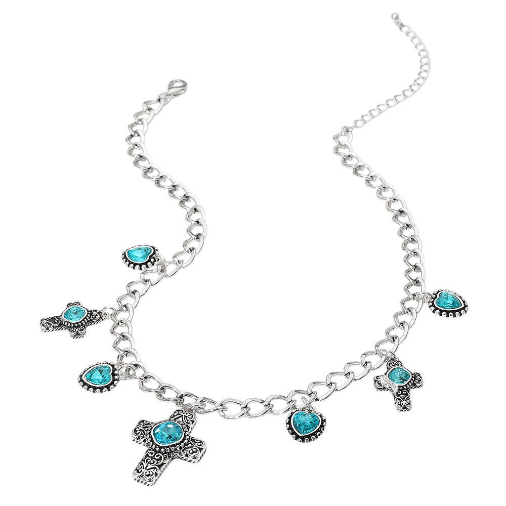 Vintage Stone Accent Cross Heart Charm Station Necklace: Antique Silver,Aqua