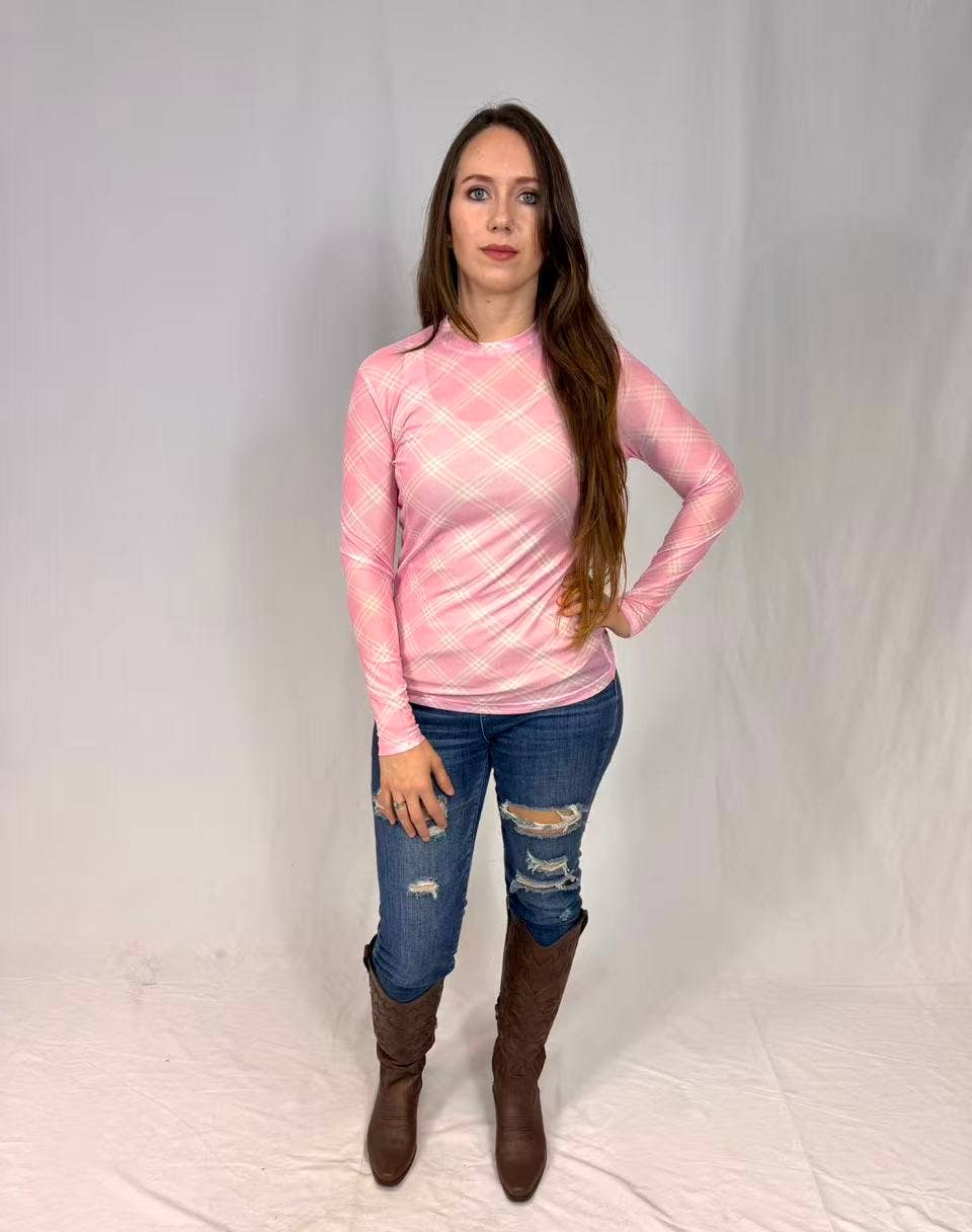 MK515 Pretty in Pink Plaid LS Mesh Top