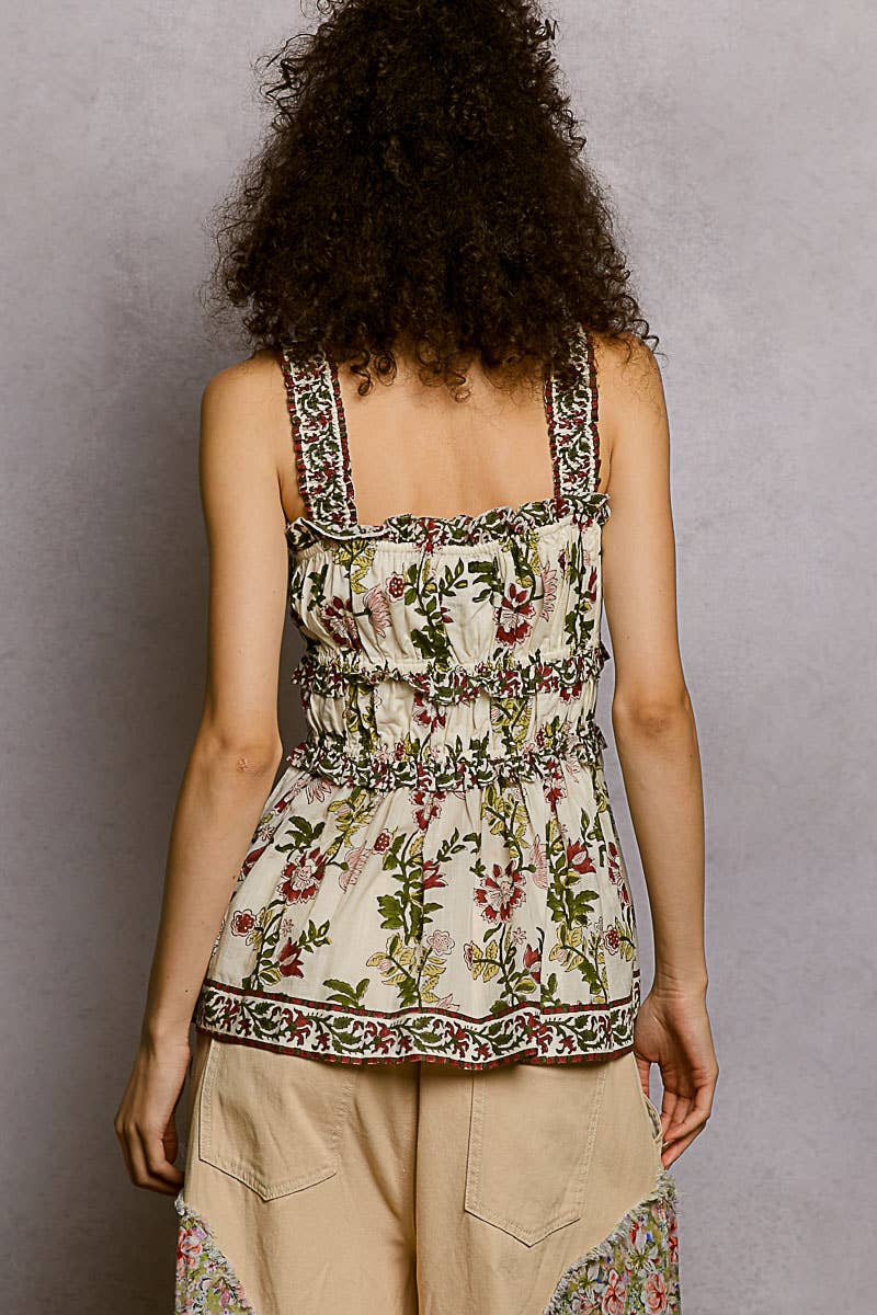 Square Neck Sleeveless Printed Ruffle Dress Woven Top