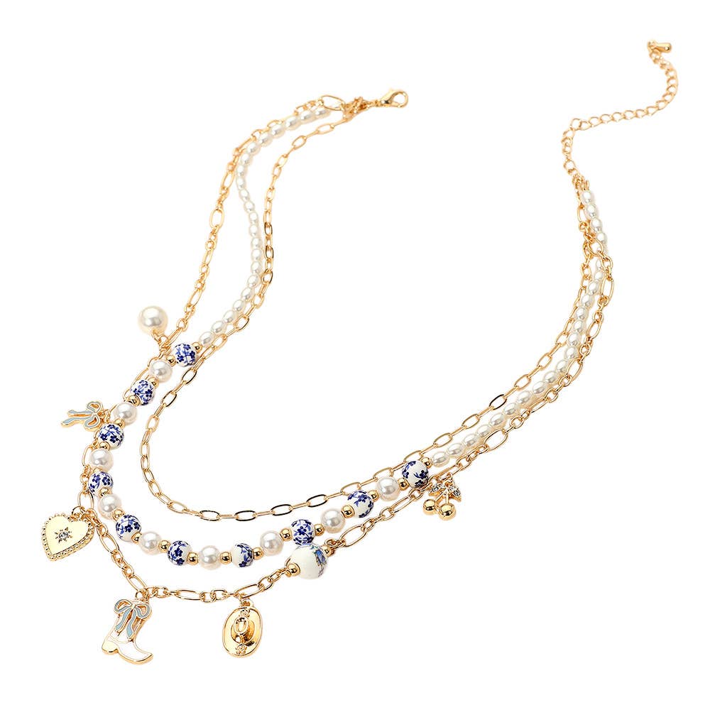 Western Cowboy Boot Hat Bow Cherry Heart Charm Station Pearl Floral Ceramic Ball Beaded Layered Necklace: Gold Green