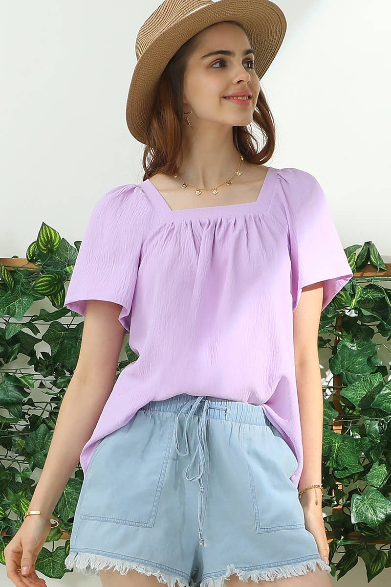 PLUS SQAURE NECK RUFFLE NECK SHORT SLEEVE BLOUSE