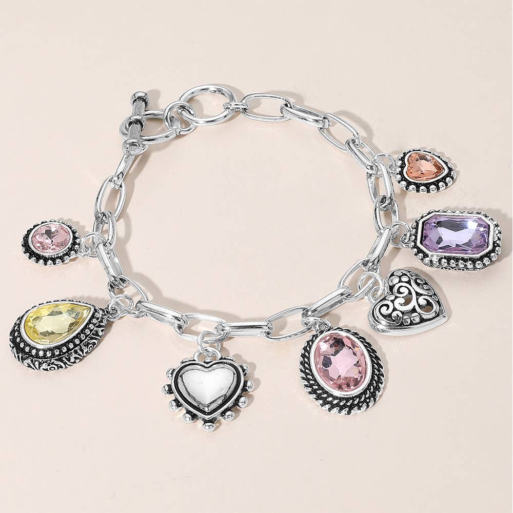 Teardrop Oval Round Stone Metal Heart Charm Station Bracelet