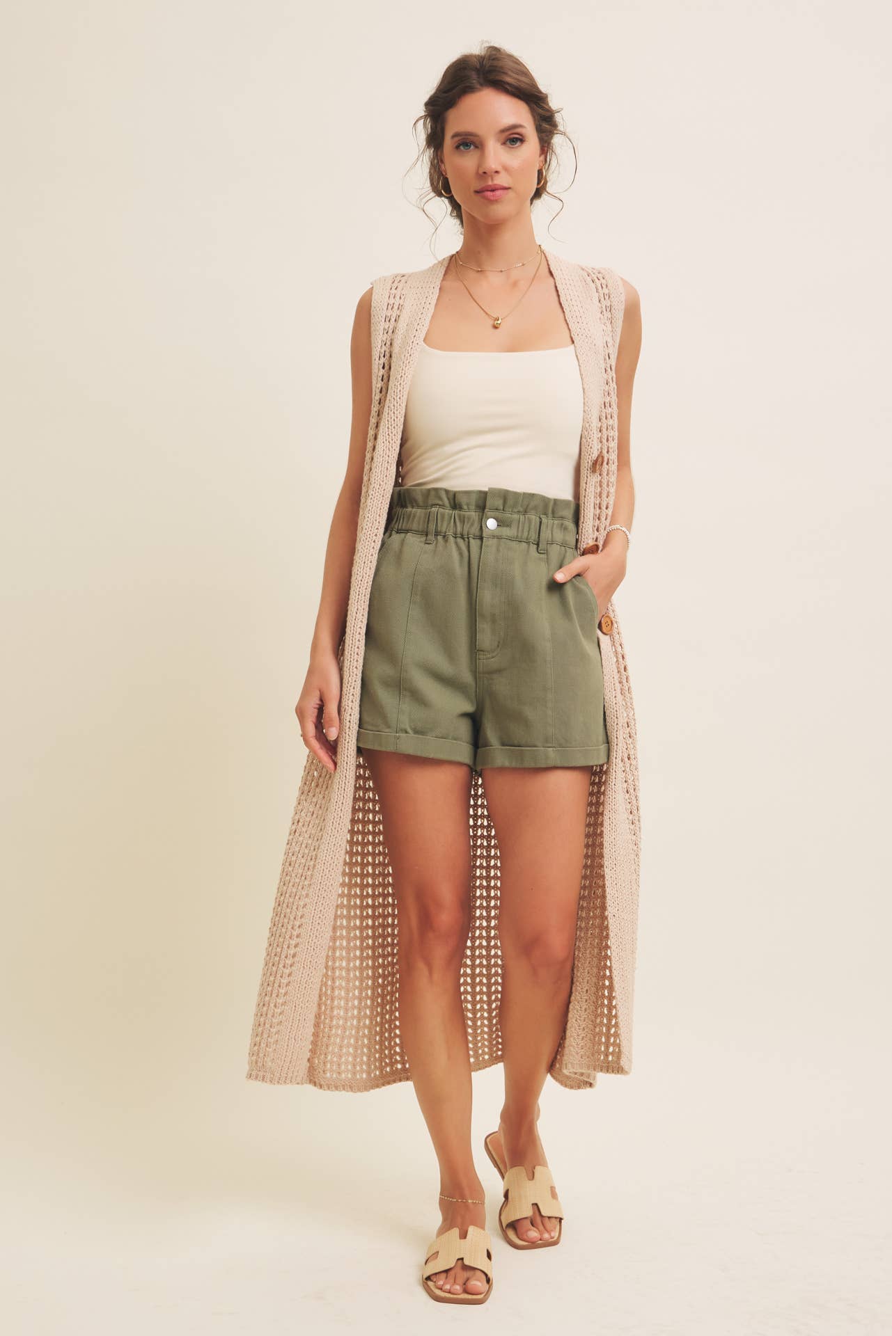 BUTTON-DOWN OPEN KNIT SLEEVELESS MIDI SWEATER CARDIGAN