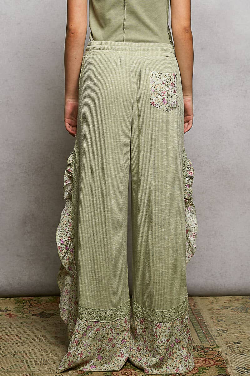 Floral Pattern Ruffle Detail Ribbed Knit Pants