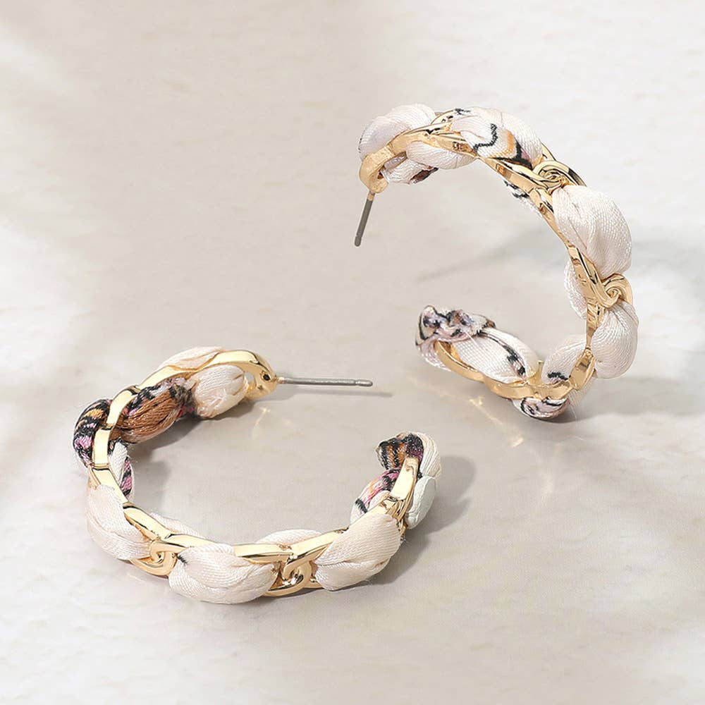 Boho Braided Scarf Fabric Hoop Earrings: Gold,Ivory