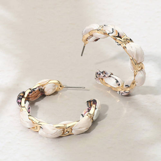 Boho Braided Scarf Fabric Hoop Earrings: Gold,Ivory