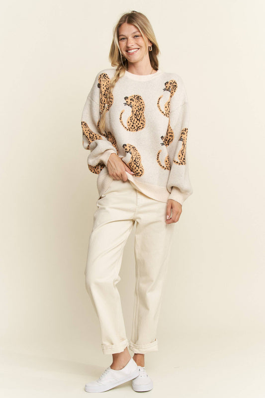 CHEETAH CONTRAST TRIM LONG SLEEVE SWEATER